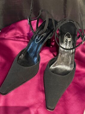 Vintage Black Satin Browns Couture Slingback Heels Featuring Classic Pointed Toe